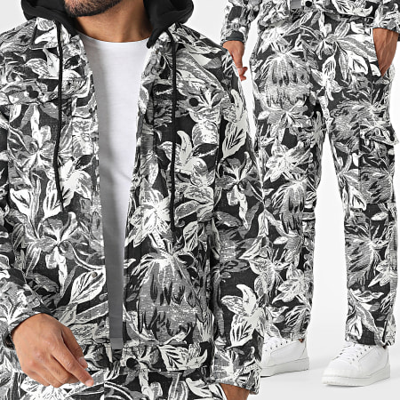 MTX - Ensemble Veste Boutonnée Capuche Et Pantalon Cargo 375 Blanc Noir Floral