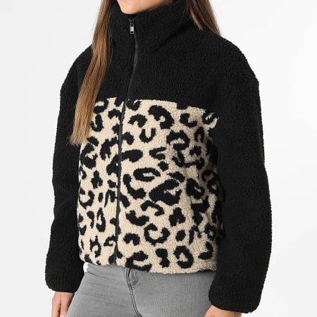 Only - Chaqueta Polar con Cremallera Mujer Elaine Negro Beige Leopardo