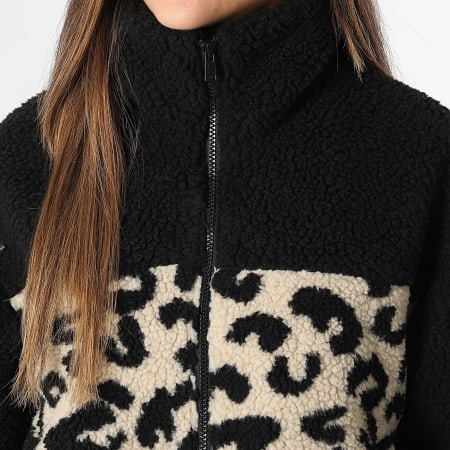 Only - Chaqueta Polar con Cremallera Mujer Elaine Negro Beige Leopardo
