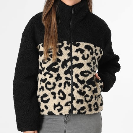 Only - Chaqueta Polar con Cremallera Mujer Elaine Negro Beige Leopardo