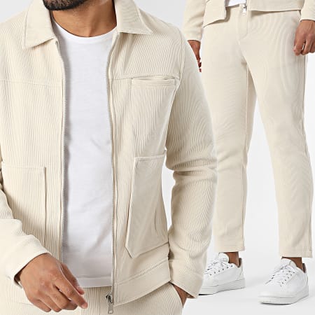 Frilivin - Conjunto Chaqueta con Cremallera y Pantalón Cotelé K58 Beige