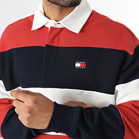 Tommy Jeans - Sweat Col Boutonné Relaxed Fit Badge Stripe Rugby 2727 Bleu Marine Rouge Blanc