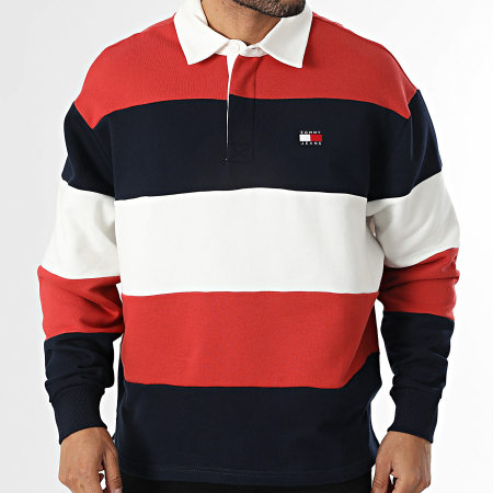 Tommy Jeans - Sweat Col Boutonné Relaxed Fit Badge Stripe Rugby 2727 Bleu Marine Rouge Blanc