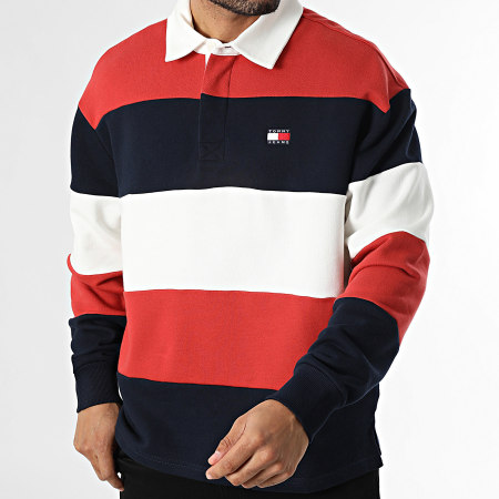 Tommy Jeans - Sweat Col Boutonné Relaxed Fit Badge Stripe Rugby 2727 Bleu Marine Rouge Blanc