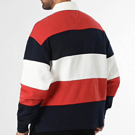 Tommy Jeans - Sweat Col Boutonné Relaxed Fit Badge Stripe Rugby 2727 Bleu Marine Rouge Blanc