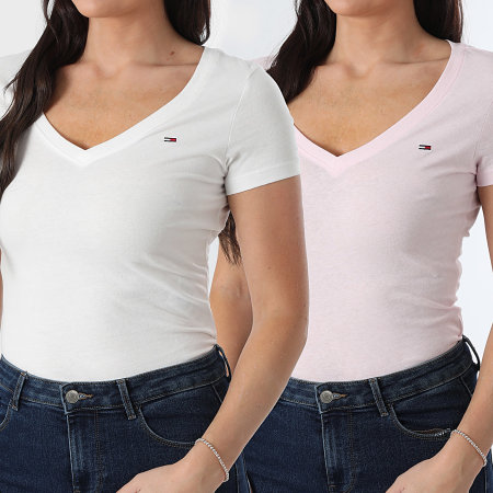 Tommy Jeans - Lot De 2 Tee Shirts Slim Col V Femme 1367 Blanc Rose