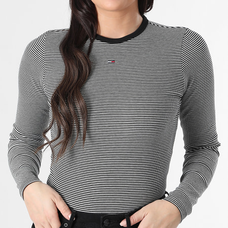 Tommy Jeans - Tee Shirt Manches Longues A Rayures Slim Femme Essential Rib 7387 Noir Blanc