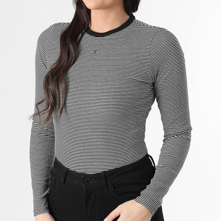 Tommy Jeans - Tee Shirt Manches Longues A Rayures Slim Femme Essential Rib 7387 Noir Blanc