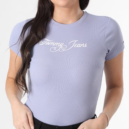 Tommy Jeans - Tee Shirt Femme Essential Logo Rib 1838 Bleu Clair
