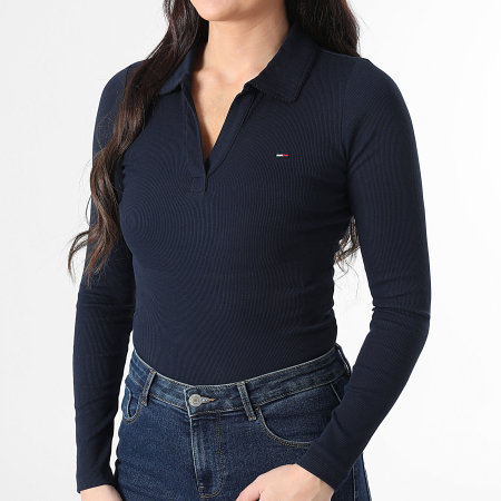 Tommy Jeans - Tee Shirt Manches Longues Col V Femme Essential Rib 1933 Bleu Marine