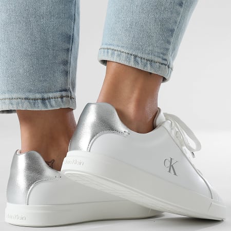 Calvin Klein - Zapatillas Mujer Low Pro Cups Laceup Leather Metallic 2846 Blanco Brillante Plata