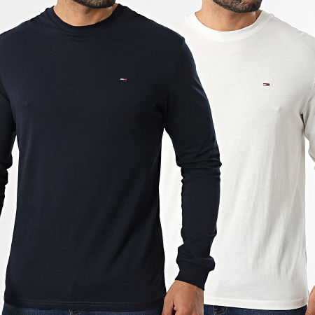 Tommy Jeans - Lot De 2 Tee Shirt Manches Longues Slim TJM 2148 Blanc Bleu Marine