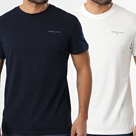Tommy Jeans - Lot De 2 Tee Shirts Slim Linear 2316 Blanc Bleu Marine