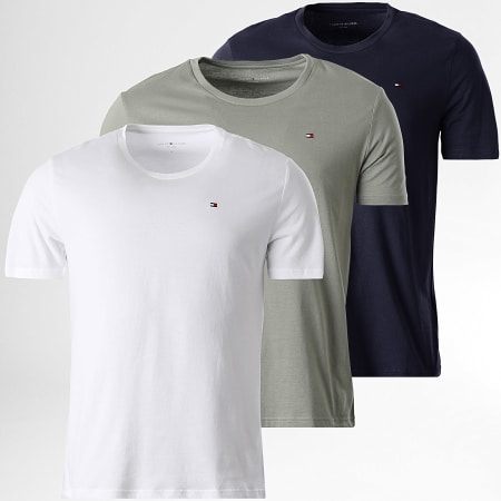 Tommy Hilfiger - Lot De 3 Tee Shirts Signature 3379 Blanc Bleu Marine Vert Kaki
