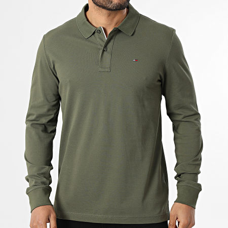 Tommy Jeans - Polo Manches Longues Slim Placket 0232 Vert Kaki