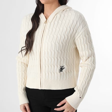 Tommy Hilfiger - Pull Capuche Zippé Femme Cable Mid 8440 Beige Clair