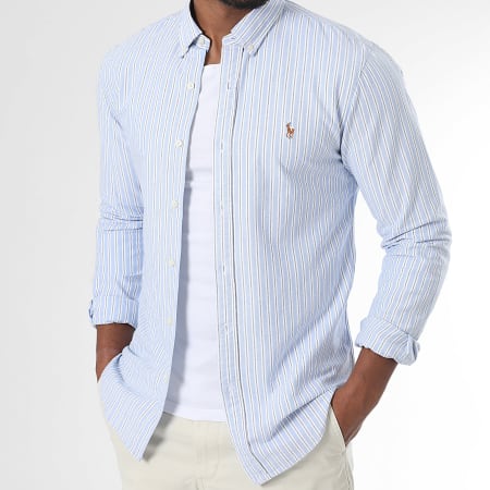 Polo Ralph Lauren - Camisa de Mangas Largas A Rayas Slim Oxford Blanco Azul Claro