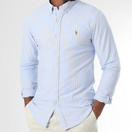Polo Ralph Lauren - Camisa de Mangas Largas A Rayas Slim Oxford Blanco Azul Claro
