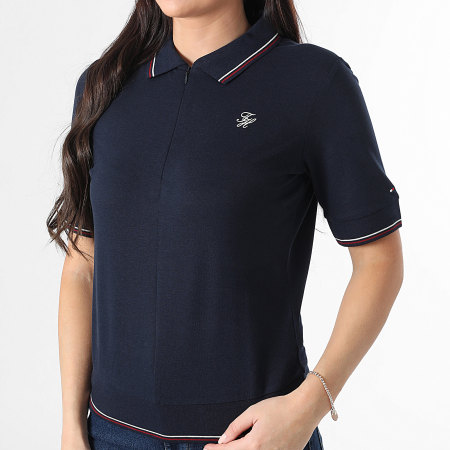 Tommy Hilfiger - Polo Manches Courtes Col Zippé Femme Script Lyocell 7853 Bleu Marine