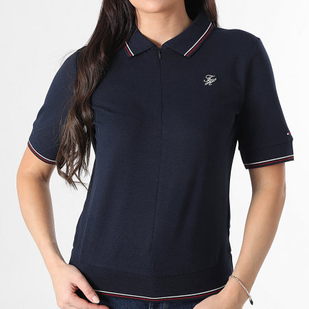 Tommy Hilfiger - Polo Manches Courtes Col Zippé Femme Script Lyocell 7853 Bleu Marine