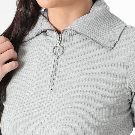 Only - Tee Shirt Manches Longues Col Zippé Femme Effi Gris