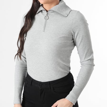 Only - Tee Shirt Manches Longues Col Zippé Femme Effi Gris