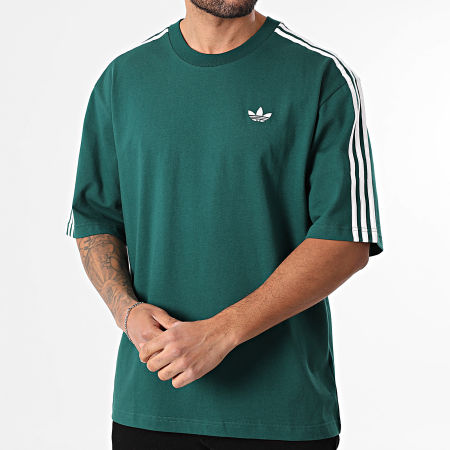Adidas Originals - Tee Shirt A Bandes Oversize Large 3 Stripes KE2911 Vert Foncé Blanc