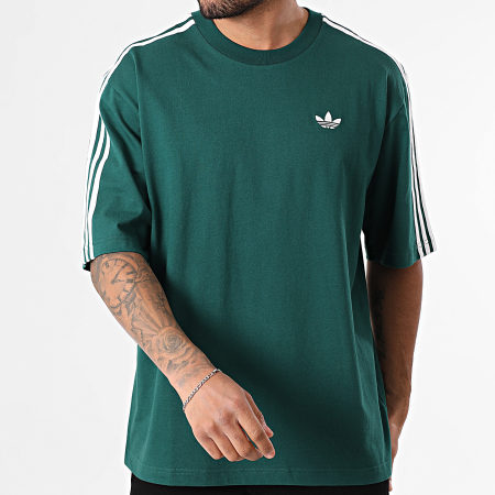 Adidas Originals - Tee Shirt A Bandes Oversize Large 3 Stripes KE2911 Vert Foncé Blanc