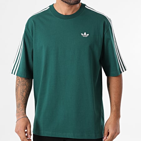 Adidas Originals - Tee Shirt A Bandes Oversize Large 3 Stripes KE2911 Vert Foncé Blanc