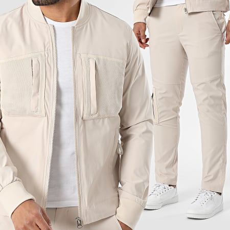 Frilivin - Conjunto de chaqueta con cremallera y pantalón cargo 825 Beige