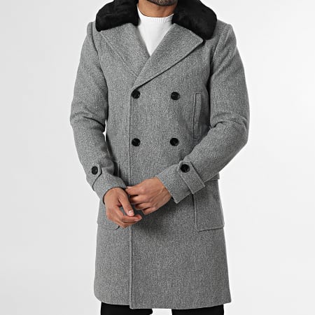 Frilivin - Abrigo Largo Cuello de Oveja Gris Melange Negro