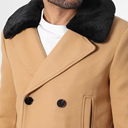 Frilivin - Manteau Long Col Mouton Camel Noir