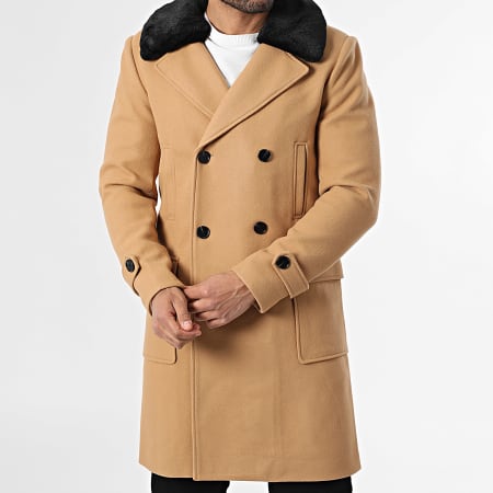 Frilivin - Manteau Long Col Mouton Camel Noir
