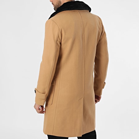 Frilivin - Manteau Long Col Mouton Camel Noir