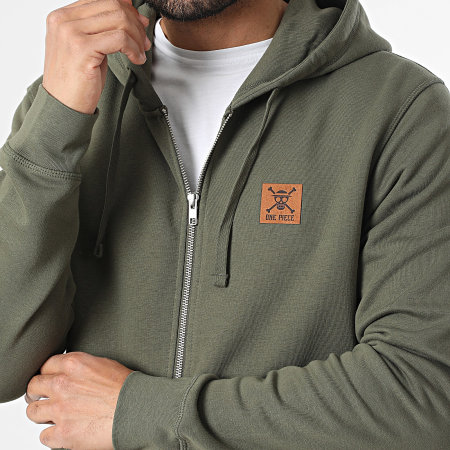 One Piece - Sweat Zippé Capuche Patch Cuir Vert Kaki