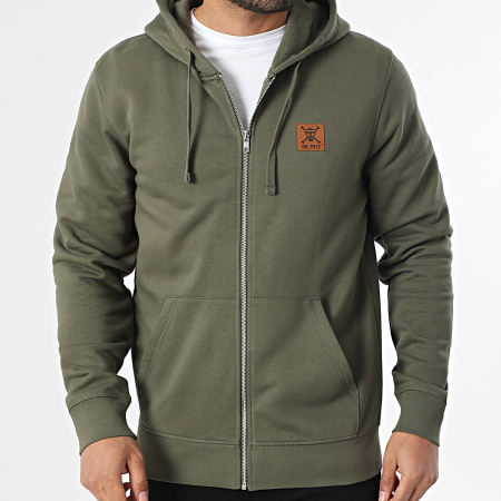 One Piece - Sweat Zippé Capuche Patch Cuir Vert Kaki