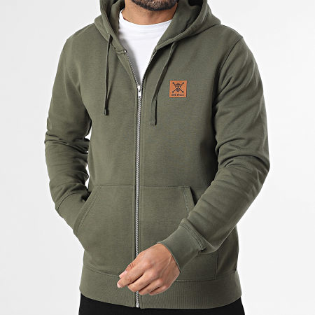 One Piece - Sweat Zippé Capuche Patch Cuir Vert Kaki