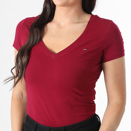 Tommy Jeans - Tee Shirt Col V Femme Slim 0458 Bordeaux