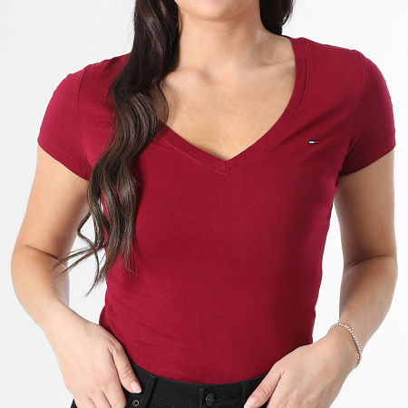 Tommy Jeans - Tee Shirt Col V Femme Slim 0458 Bordeaux