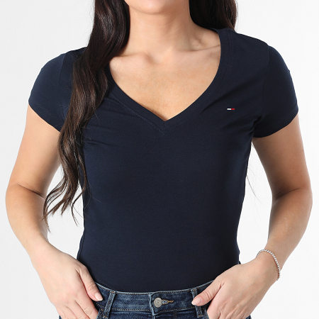 Tommy Jeans - Tee Shirt Col V Femme Slim 0458 Bleu Marine
