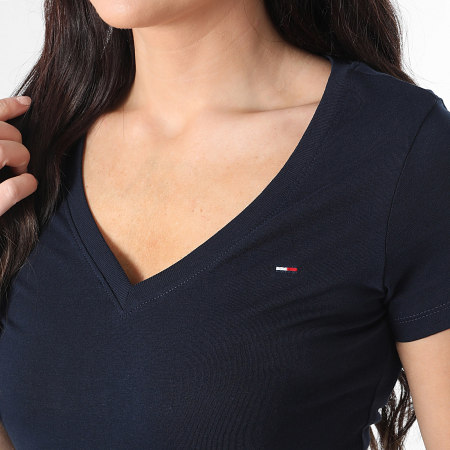 Tommy Jeans - Tee Shirt Col V Femme Slim 0458 Bleu Marine