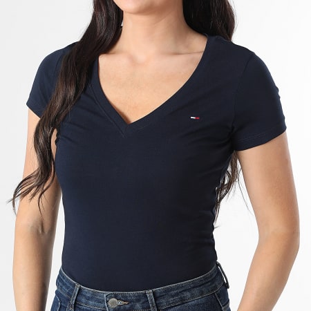 Tommy Jeans - Tee Shirt Col V Femme Slim 0458 Bleu Marine