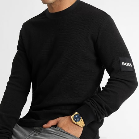 BOSS - Sudadera Crewneck Waffle Patch Negro Exclusivo Ryses