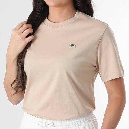 Lacoste - Tee Shirt Femme Logo Brodé Crocodile Relaxed Fit Beige