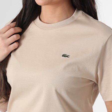 Lacoste - Tee Shirt Femme Logo Brodé Crocodile Relaxed Fit Beige