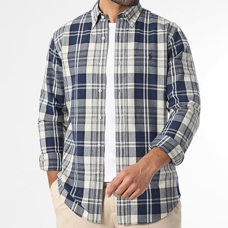 Polo Ralph Lauren - Chemise Manches Longues A Carreaux Custom Fit Original Player Beige Bleu Marine