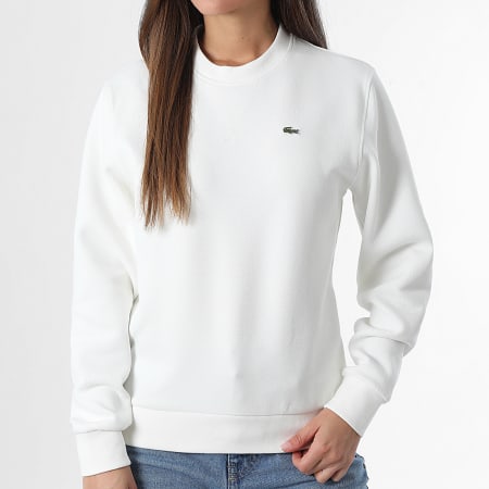 Lacoste - Sweat Crewneck Femme Logo Brodé Crocodile Blanc