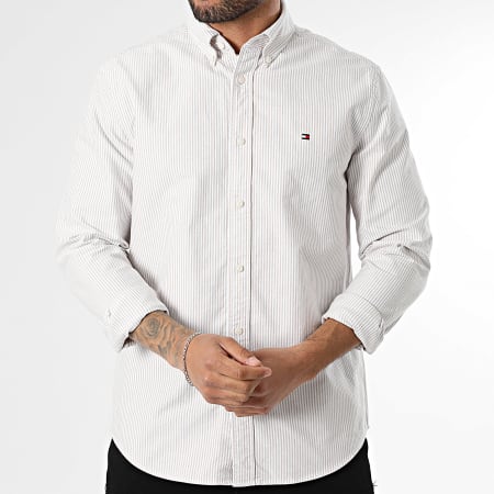 Tommy Hilfiger - Camisa de Manga Larga a Rayas Heritage Oxford Stripe 6238 Beige Blanco