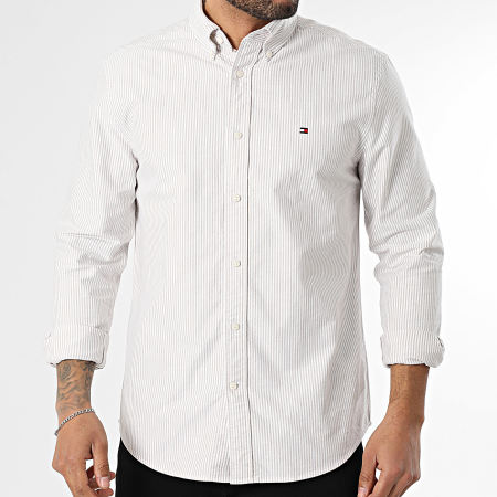 Tommy Hilfiger - Camisa de Manga Larga a Rayas Heritage Oxford Stripe 6238 Beige Blanco