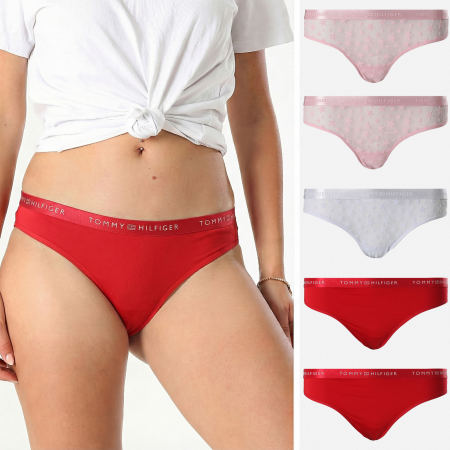 Tommy Hilfiger - Lot De 5 Strings En Dentelle Femme Thong 6136 Rouge Rose Bleu Clair